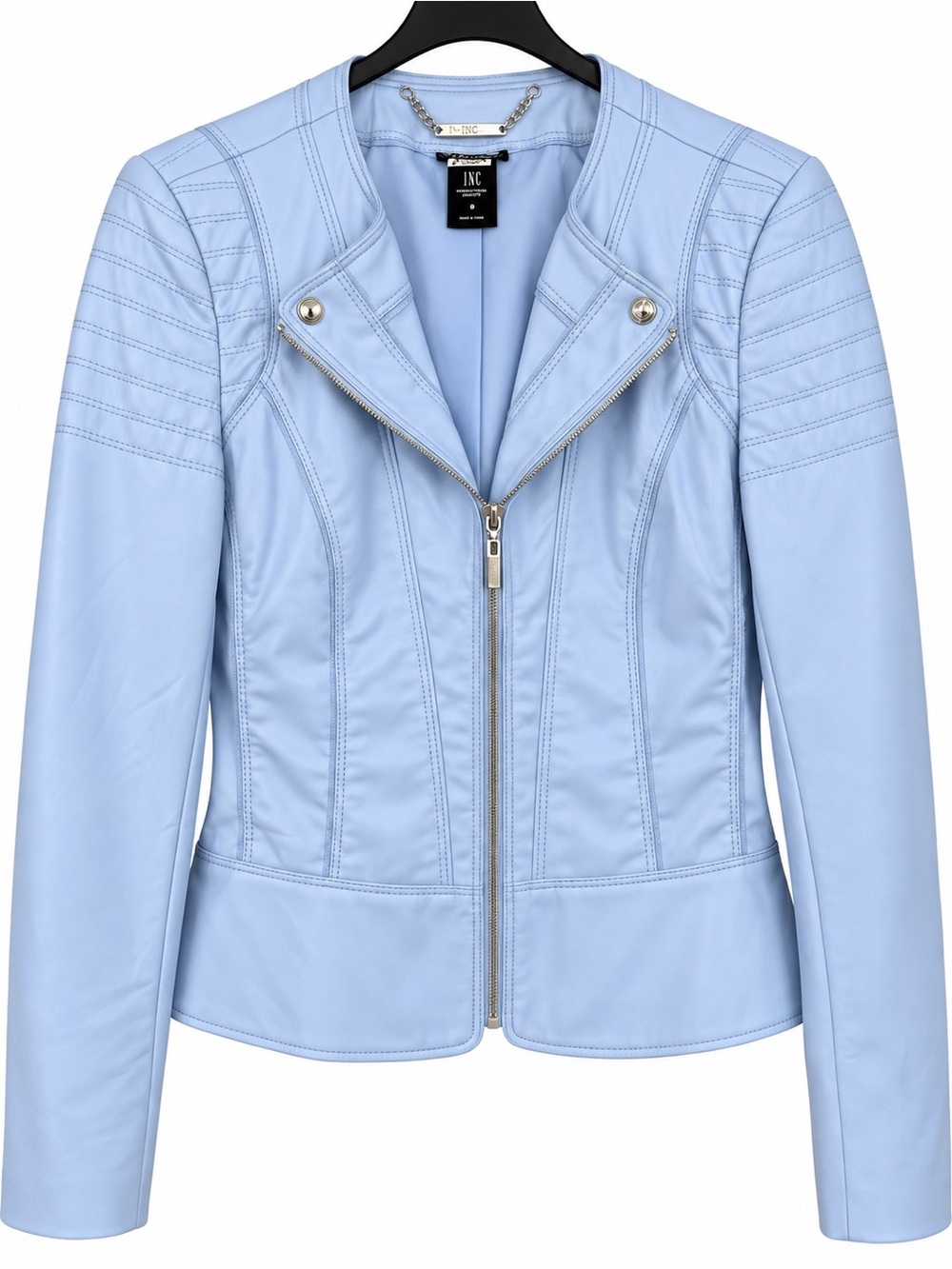 White House Black Market Perfect Form Powder Blue Moto Peplum Jacket Size 8